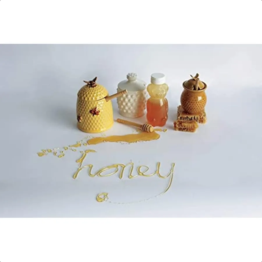 Piccolo barattolo di miele in gres con api decorative gialle da 3 pezzi con coperchio e mestolo per miele in legno