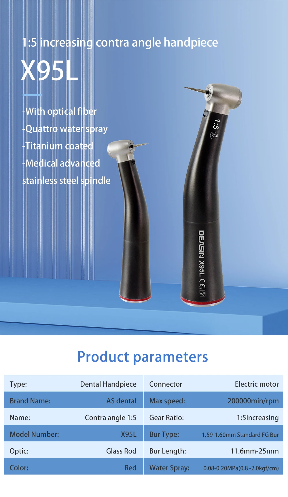HOT Zahnarztwerkzeuge Dental Red Ring Glasfaser-Winkelstück mit niedriger Drehzahl 1:5 X95L für universellen E-Typ-Motor – Detail 1