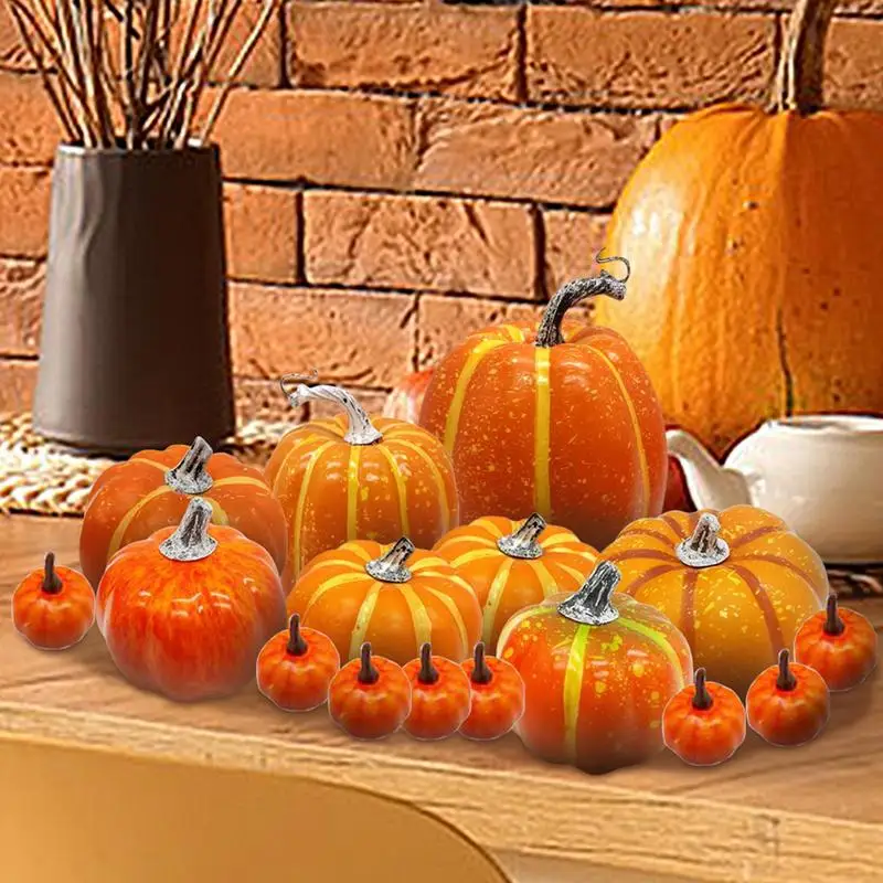 16pcs Simulation Pumpkin Model Sets Halloween Decoration Autumn Harvest Thanksgiving Simulation Foam Pumpkins Table Display Prop