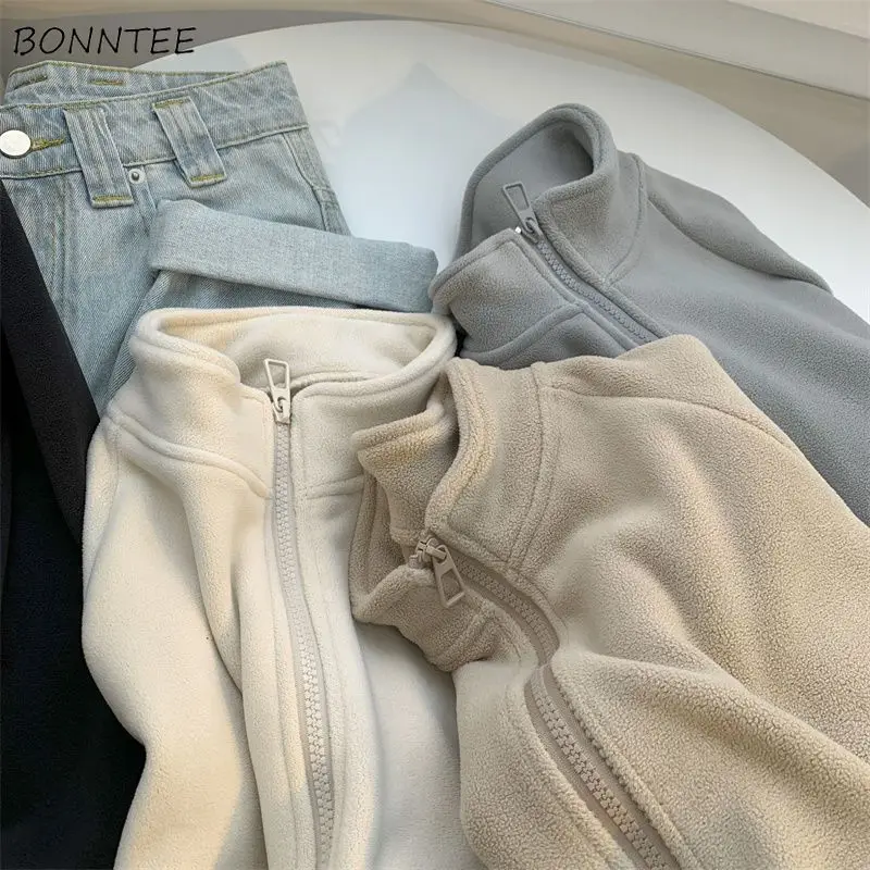 

Basic Jackets Women Stand Collar Zipper Pockets Solid Simple Casual Loose Minimalist Ladies Coat Autumn Warm Plus Velvet Thicker