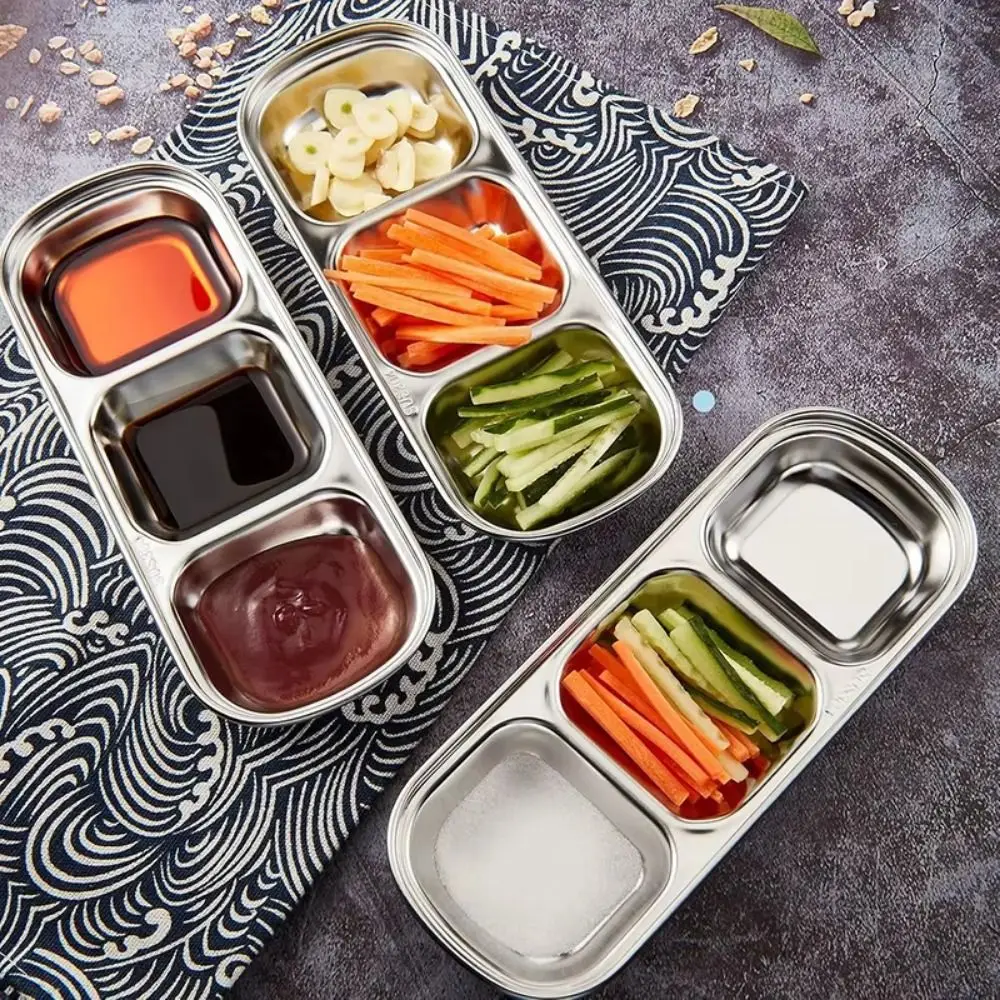 2Pcs Stainless Steel Seasoning Dish 2/3/4 Grid Stackable Sauce Plate Thickened Easy Clean ivided Seasoning Sauces Dip Bowl