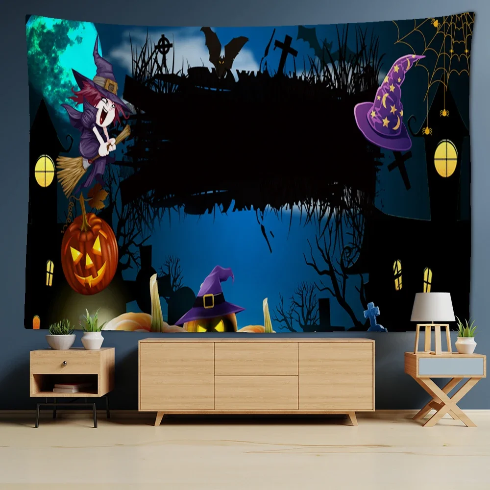 Halloween Ghost Flaming Pumpkin Party Tapestry Psychedelic Witchcraft Wall Hanging Home Bedroom Dorm Living Room Decor Aesthetic