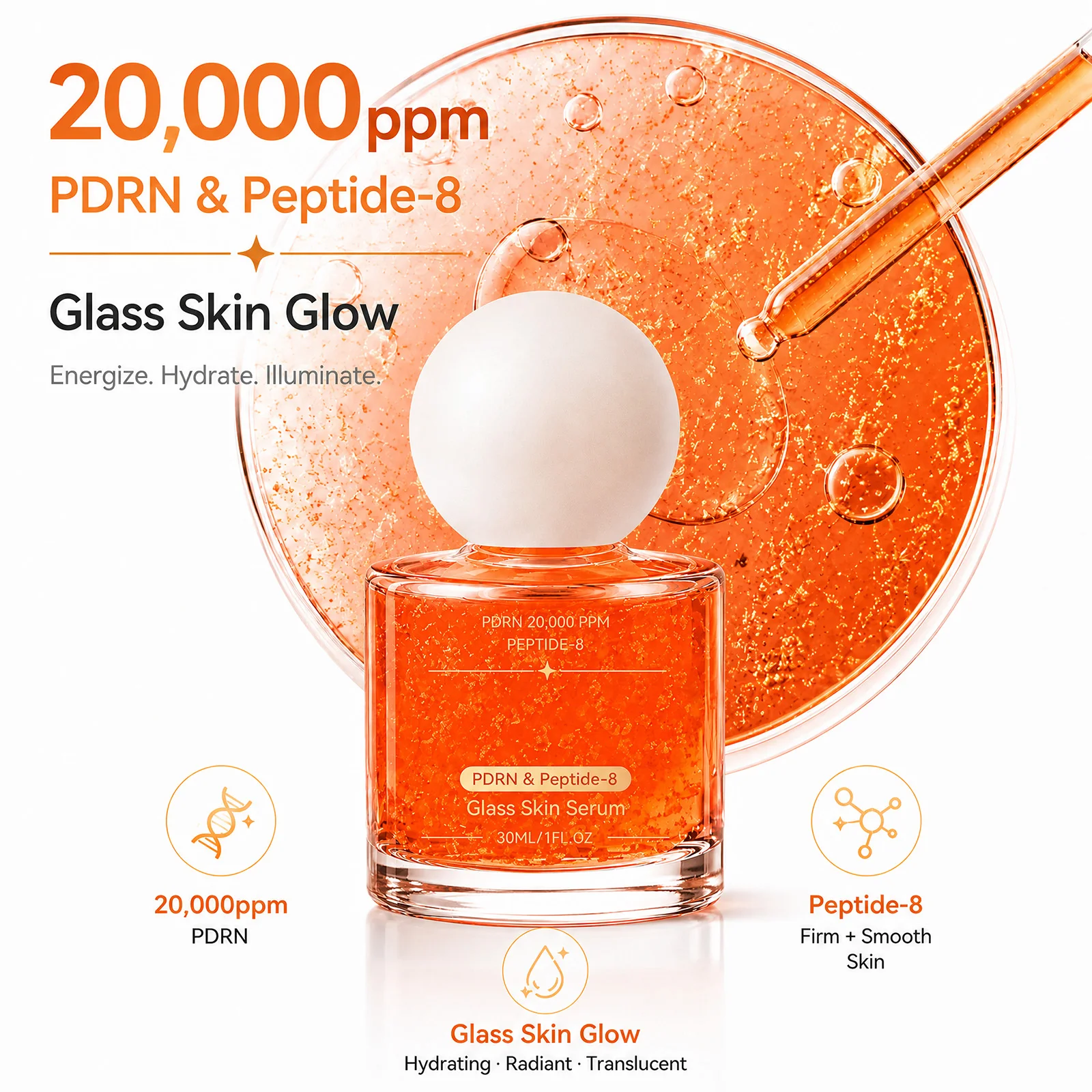 PDRN & Peptide-8 Glass Serum Glowing Shimmer Particle Facial Essence Improve Skin Elasticity for Even Radiant Complexion