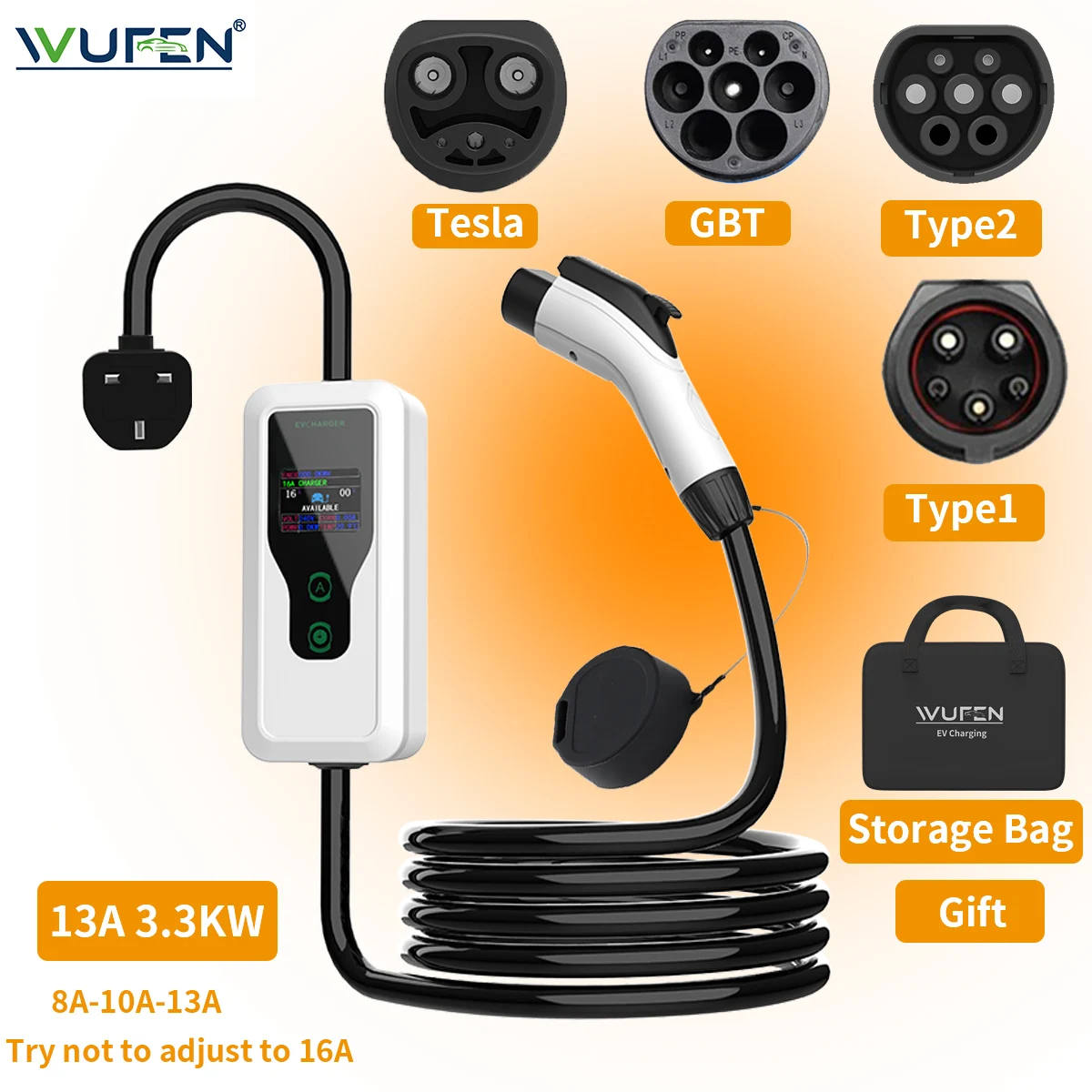 

WUFEN Портативный электромобиль Type2 GBT NACS Type1 UK BS Plug EV Зарядное устройство 13A 3,3 кВт Зарядный кабель EVSE 230V для домашнего и наружного использования