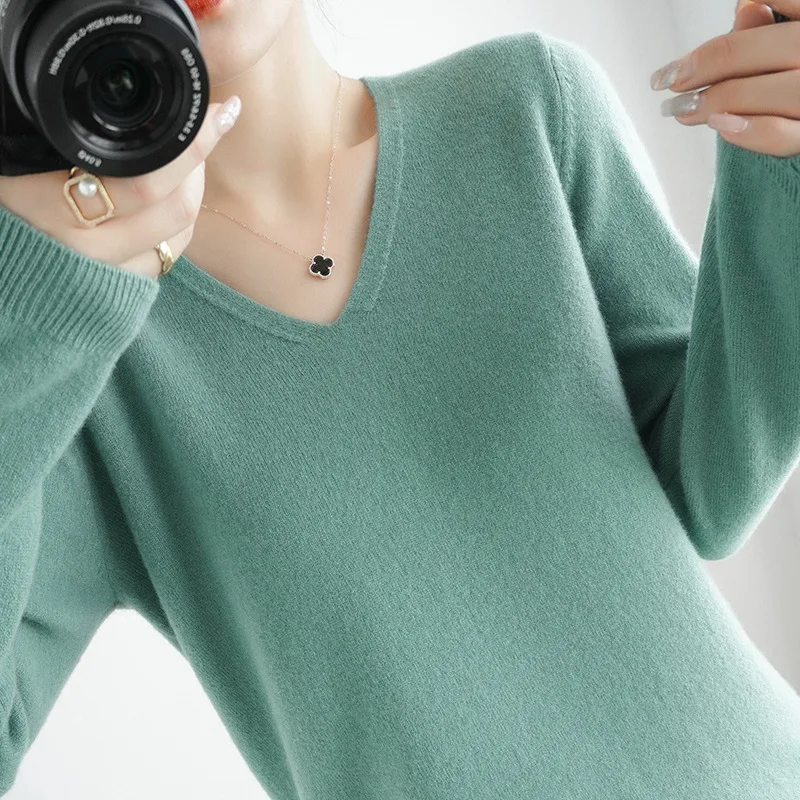 Women Sweater Autumn Winter Pullovers 2024 Long Sleeve V-neck Soft Knitwears Casual Slim Bottoming Shirt High Strecth Jumpers