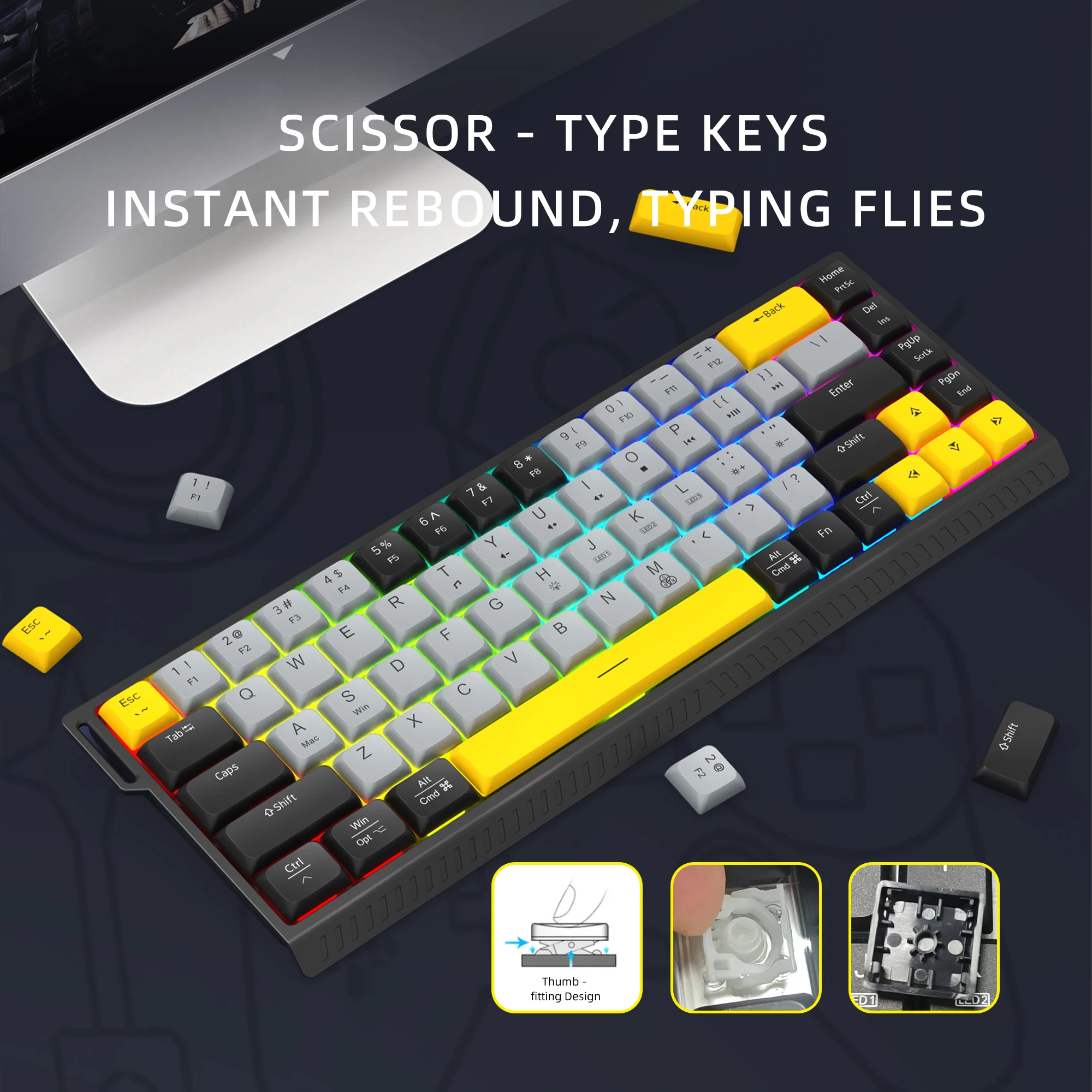 USB 유선 68키 키보드, 컬러 매칭된 짧은 키캡, 초박형 노트북 느낌, RGB 발광 키보드