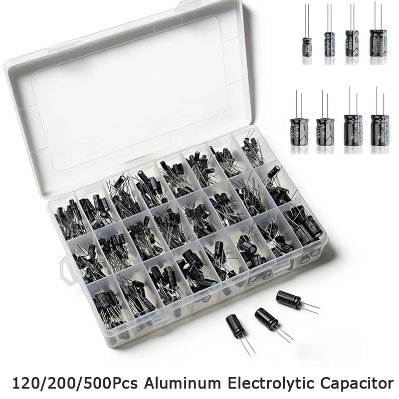 Aluminum Electrolytic Capacitor Assorted Kit 120/200/500PCS Boxed16V/25V/50V  0.1uF-1000uF 1uF 4.7uF 10uF 47uF 220uF 330uF 470uF