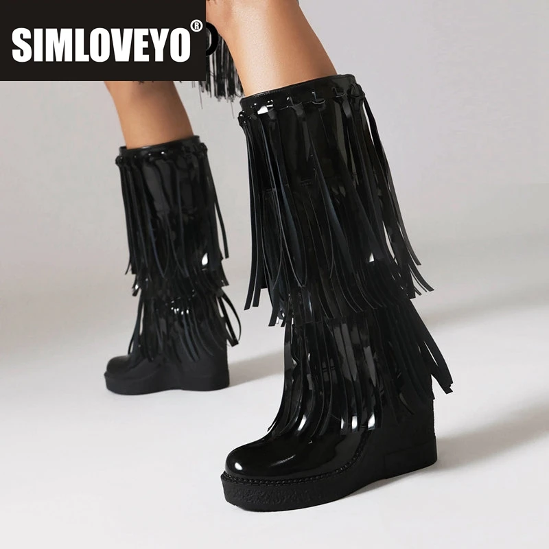 

SIMLOVEYO брендовые женские ботинки до середины икры с круглым носком из флока на танкетке с кисточками, классические женские повседневные повседневные ботинки, большой размер 42, 43 44