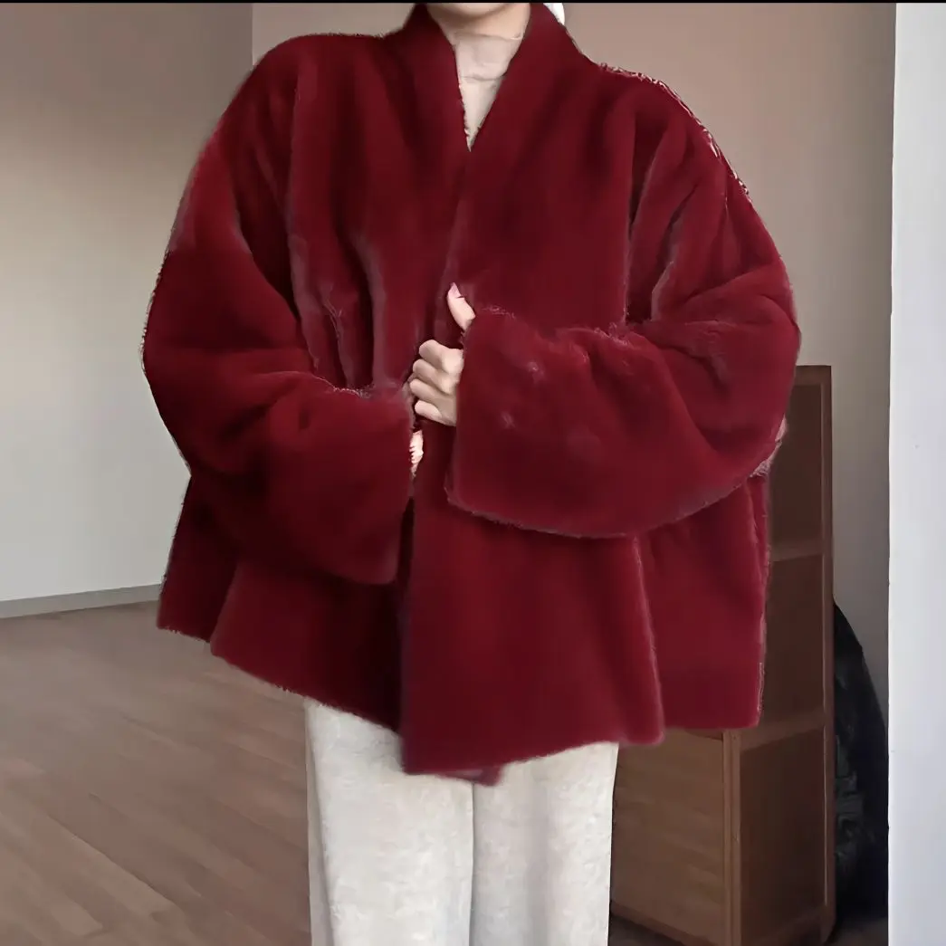 معاطف نسائية ماكسي من الفرو الصناعي معطف متوسط الطول أنيق سميك دافئ كم كامل غرزة مفتوحة فضفاضة أمي الخريف الشتاء ملابس الشارع