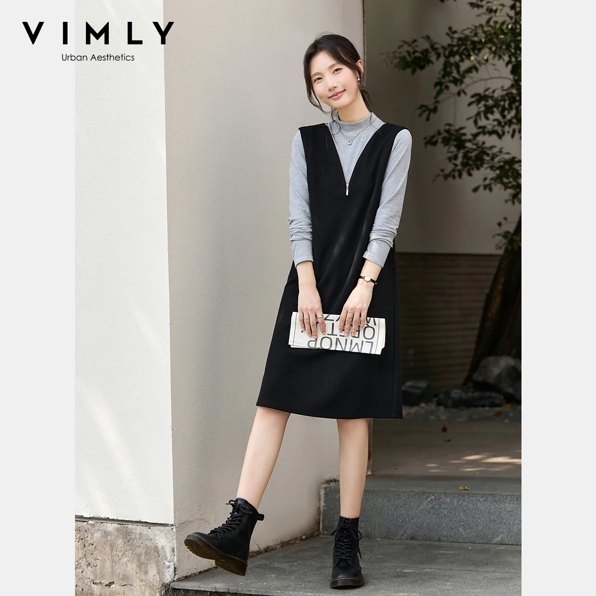 

VIMLY Dresses 2025 Woman Autumn Casual Color Block Stand Neck Zip Up Elegant Party Dresses Straight Layered Midi Dress A3068