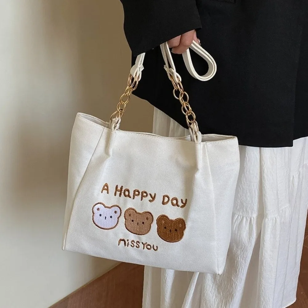 

Printed Bear Shoulder Bag Large Capacity Solid Color Cartoon Tote Bag Lightweight Korean Style Canvas Handbag Office Worker