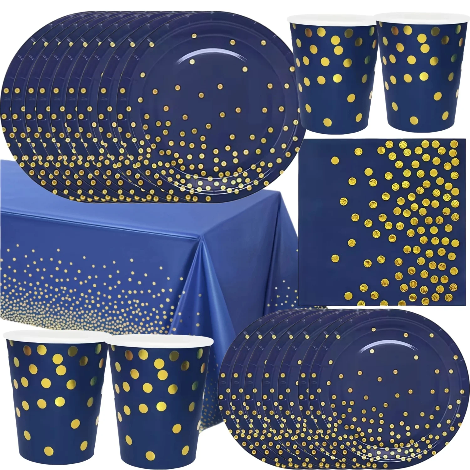 Décorations de fête bleu marine et or, ensemble de vaisselle jetable bleu et or, assiettes en papier, gobelets, serviettes, nappe, anniversaire de mariage