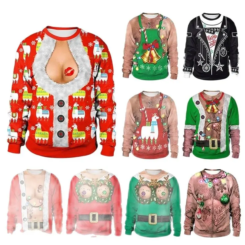 Unisex Ugly Christmas Sweater Men Women Novelty 3D Printing Santa Claus Elk Christmas Tree Jumpers Tops Autumn Party Sweatshirt