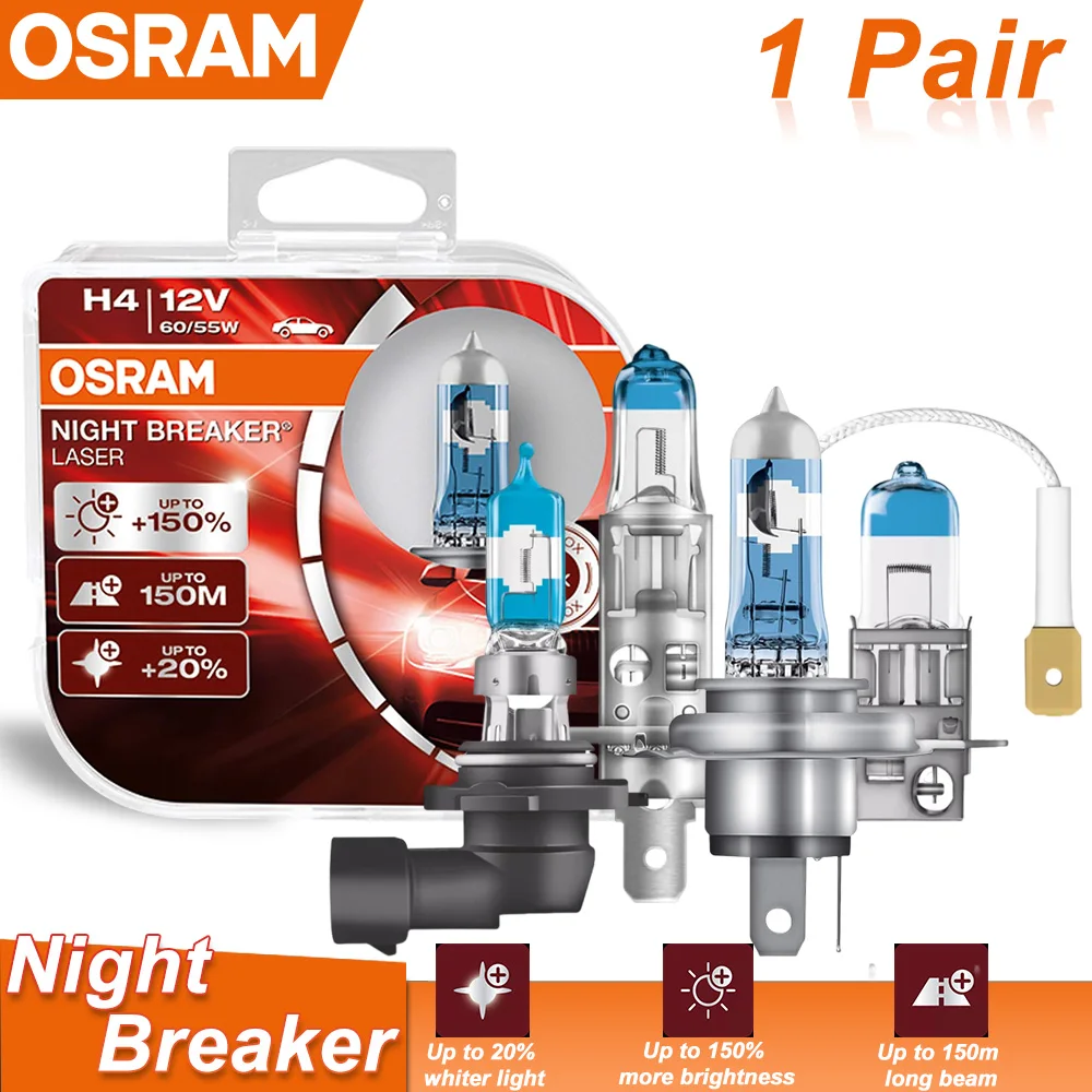 

OSRAM Ночной выключатель лазер H1 H3 H4 H7 H11 9003 9005 9006 HB2 HB3 HB4 галогенные + 150% следующего поколения 12 в яркие автомобильные лампы, пара