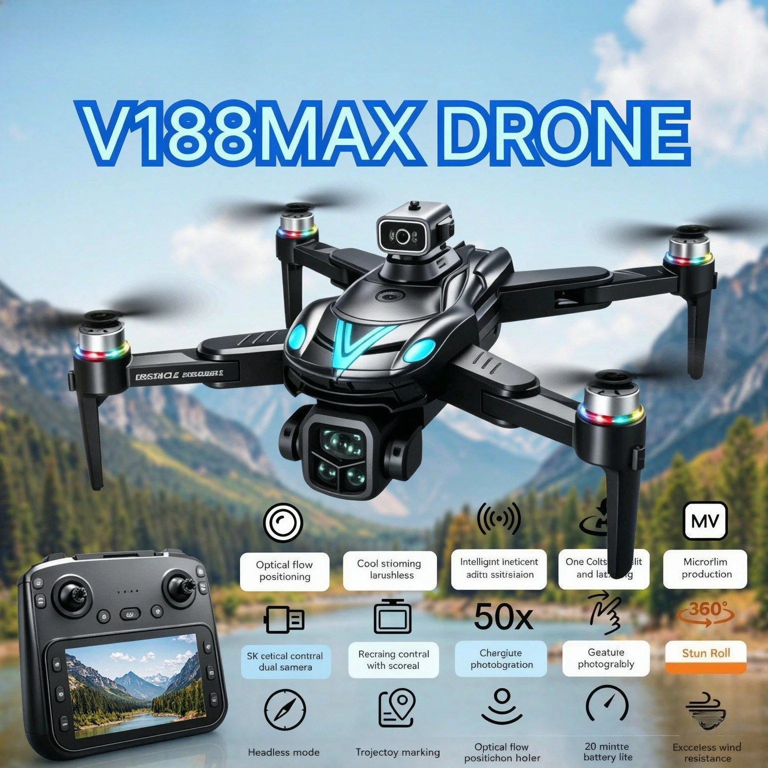 Original V188MAX GPS Drone 8K Dual 5G WiFi FPV Screen Remote Control Brushless Motor Obstacle Avoidance Foldable Quadcopter