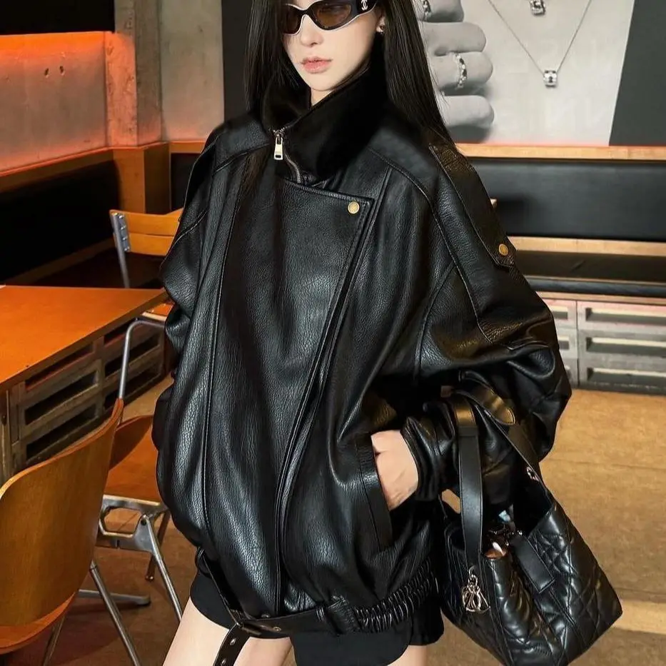 High-end fashionable American leather jacket for women autumn new loose and versatile design motorcycle leather jacket trendy