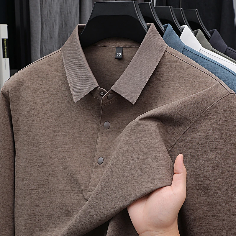 

High-End Luxury Men's Polo Shirt Solid Color Lapel Long Sleeve T-shirt Autumn Spring Business Casual Fashion Comfort Menswear