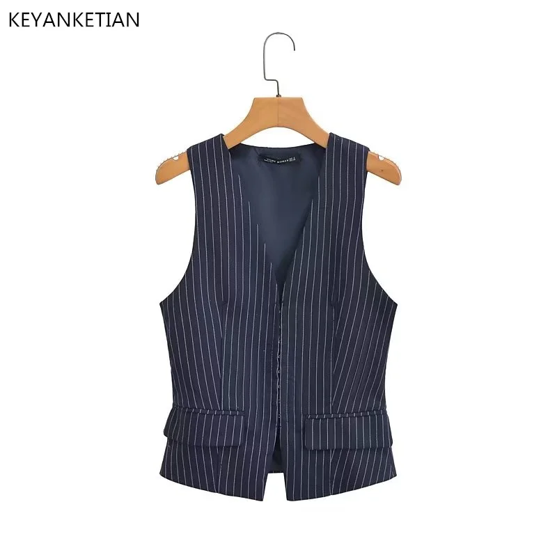 Keyanketian เสื้อกล้ามคาร์ดิแกนแขนสั้นคอวีของผู้หญิงเสื้อกั๊กลายทางสีน้ำเงินเข้มหัวเข็มขัดที่...