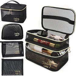 New Double Layer Mesh Transparent Cosmetic Bag Large Capacity Black Makeup Cases Travel Toiletry Organizer Lipstick Storage Bag