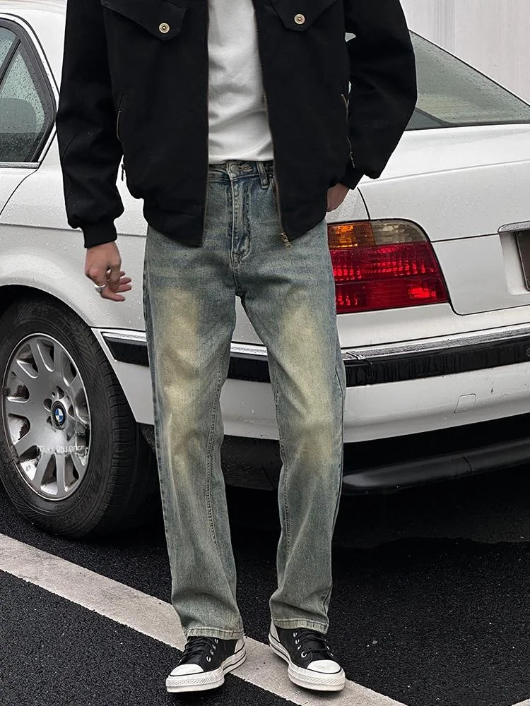 

Entong American Retro Distred Jeans Men's Spring Autumn Slim Fit Straight Leg Long Pants Youthful Trendy Cotton Polyester