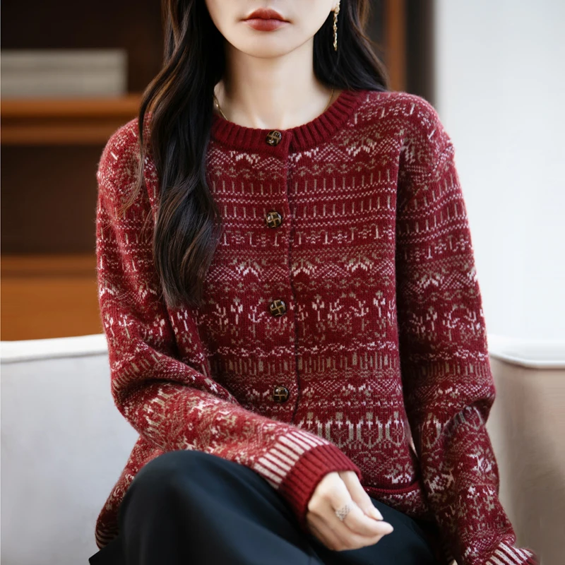 

Лидер продаж, зимний утолщенный кардиган из 100% шерсти, теплое пальто с круглым вырезом и деревянными пуговицами в этническом стиле