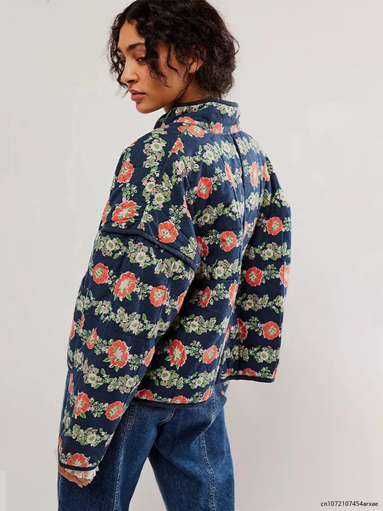 Chaqueta gruesa con estampado Floral para mujer, abrigo cálido de algodón con bolsillo, holgado e informal, a la moda, otoño e invierno, 2023