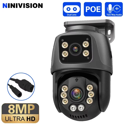 8MP 4K Cámara IP POE de doble lente PTZ Pantalla dual Hogar inteligente 360 °   Cámara de videovigilancia con cable PTZ Detección de movimiento CCTV ICsee