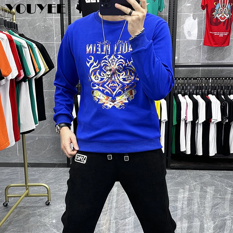 Men's Pullover Plush Rhinestone Heavy Craft Round Neck Hoodie Long Sleeved T-shirt Bottom Shirt Top Male Winter Out Wear Clothes