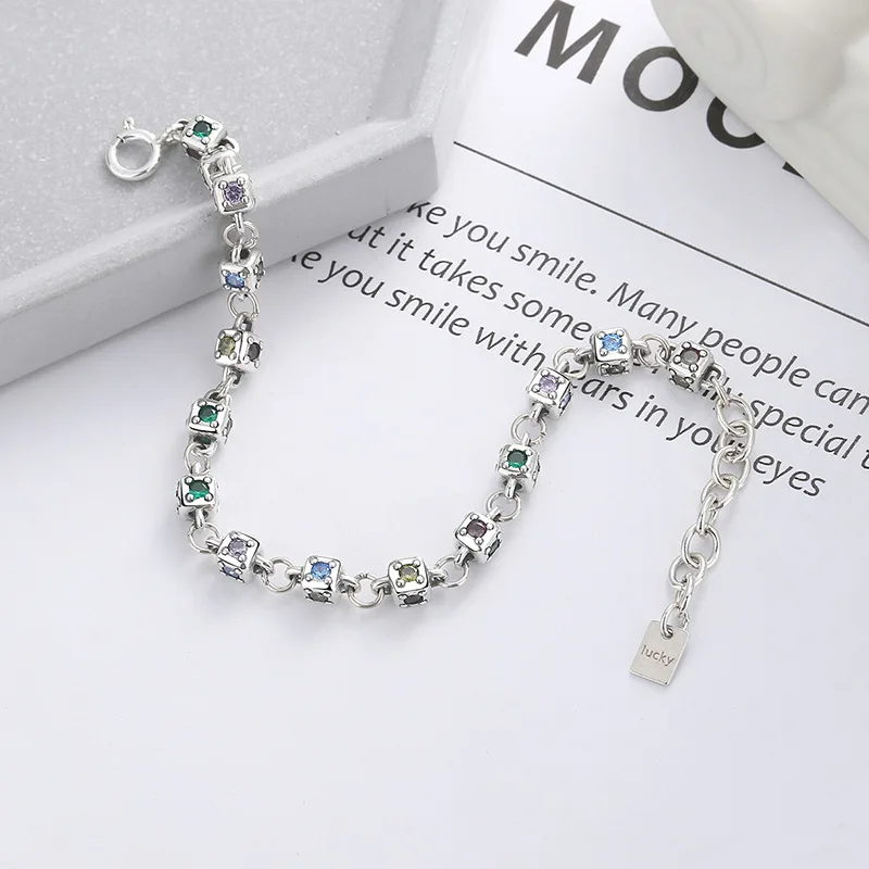 BOCAI 100% S925 Silver Jewelry Personalized Light Luxury Color Matching Zircon Dice Creativity Trendy and Sweet Women's Bracelet