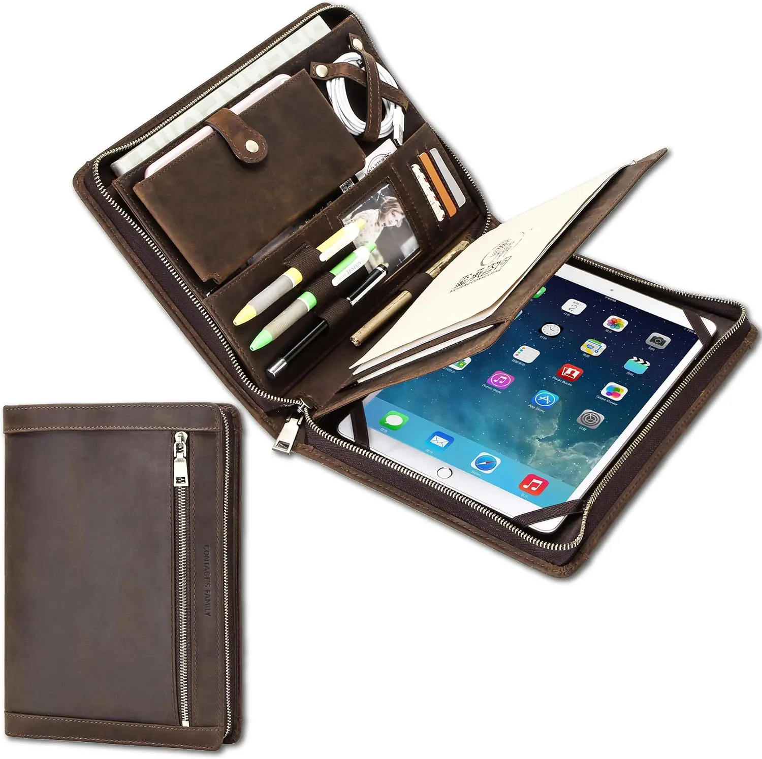 

Handmade Top Grain Leather Portfolio, Vintage Design, Large Capacity for iPad/Phone/Cable/A5 Paper, 11 Inch