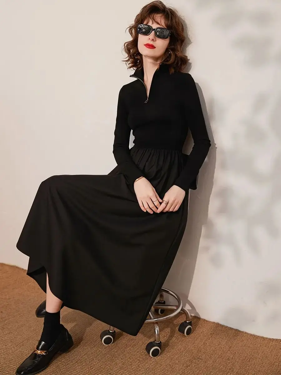 LOUIS YAO Women Dress 2024 Spring New Long Sleeve Stand Collar French Style Slim Fit Casual Fashionable Long Black Dress