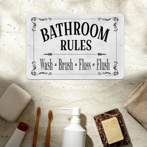 Bathroom Rules - 8x12 inch Decorative Metal Wall Decor/Sign by Dyenamic Art