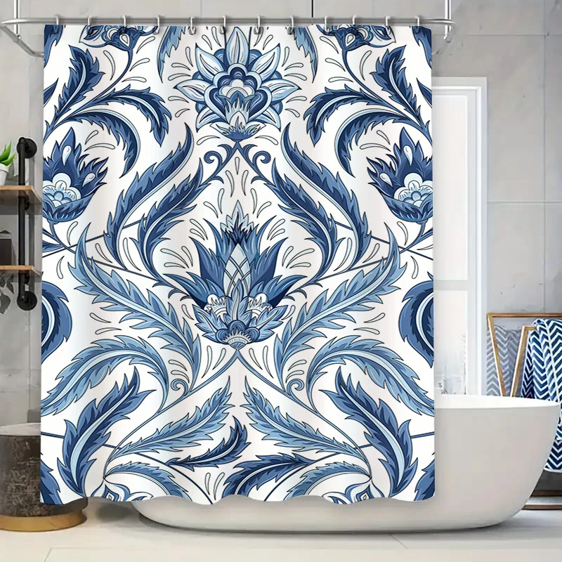 

Деревенская сине-белая занавеска для душа с цветочным принтом для декора ванной комнаты, современная ткань с принтом, водонепроницаемый коврик для ванной, украшение