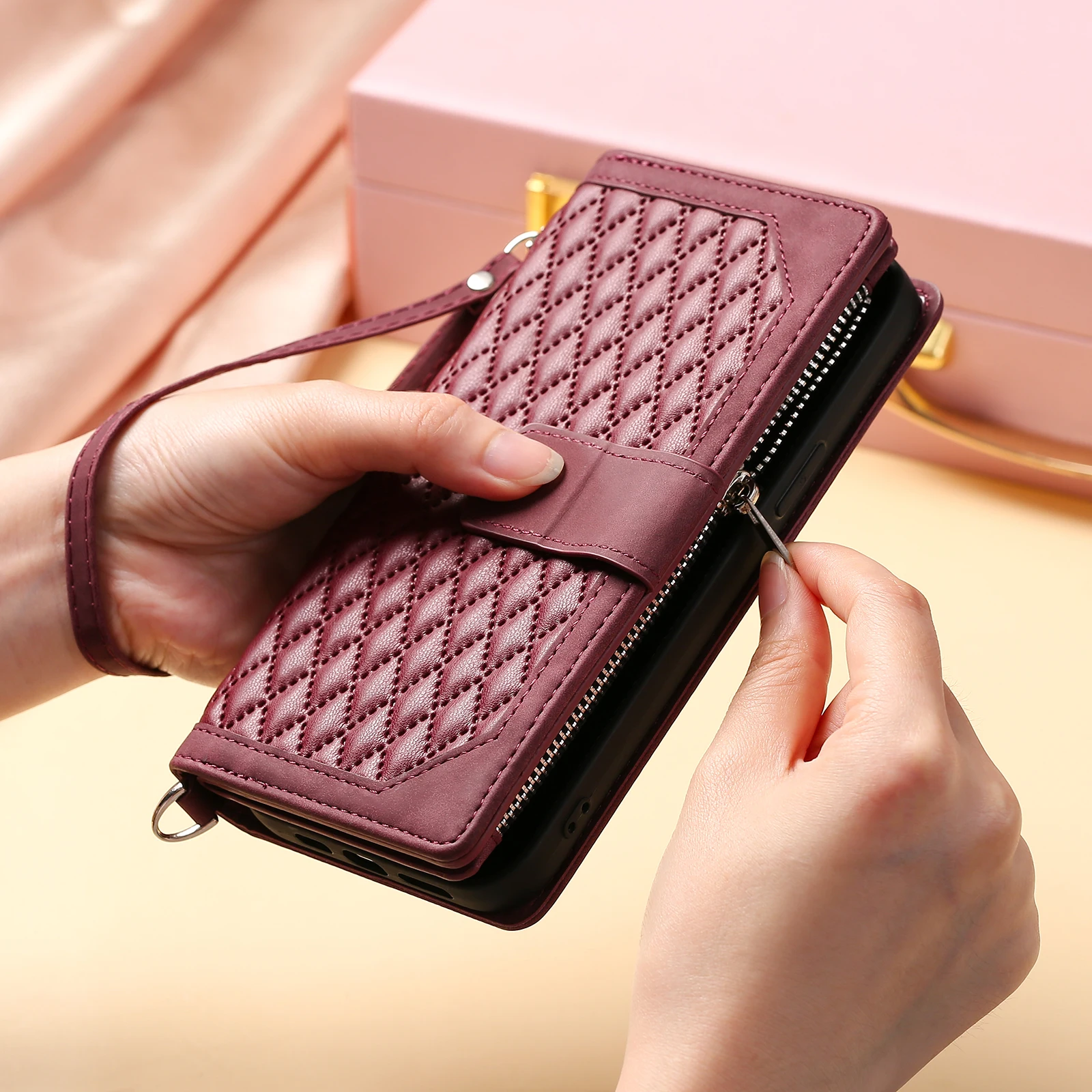Rhombic Leather Case voor Samsung Galaxy S26 S25 Rand S24 Ultra S23 Plus FE A17 A16 A26 A36 A56 Flip Pols portemonnee Telefoon Cover