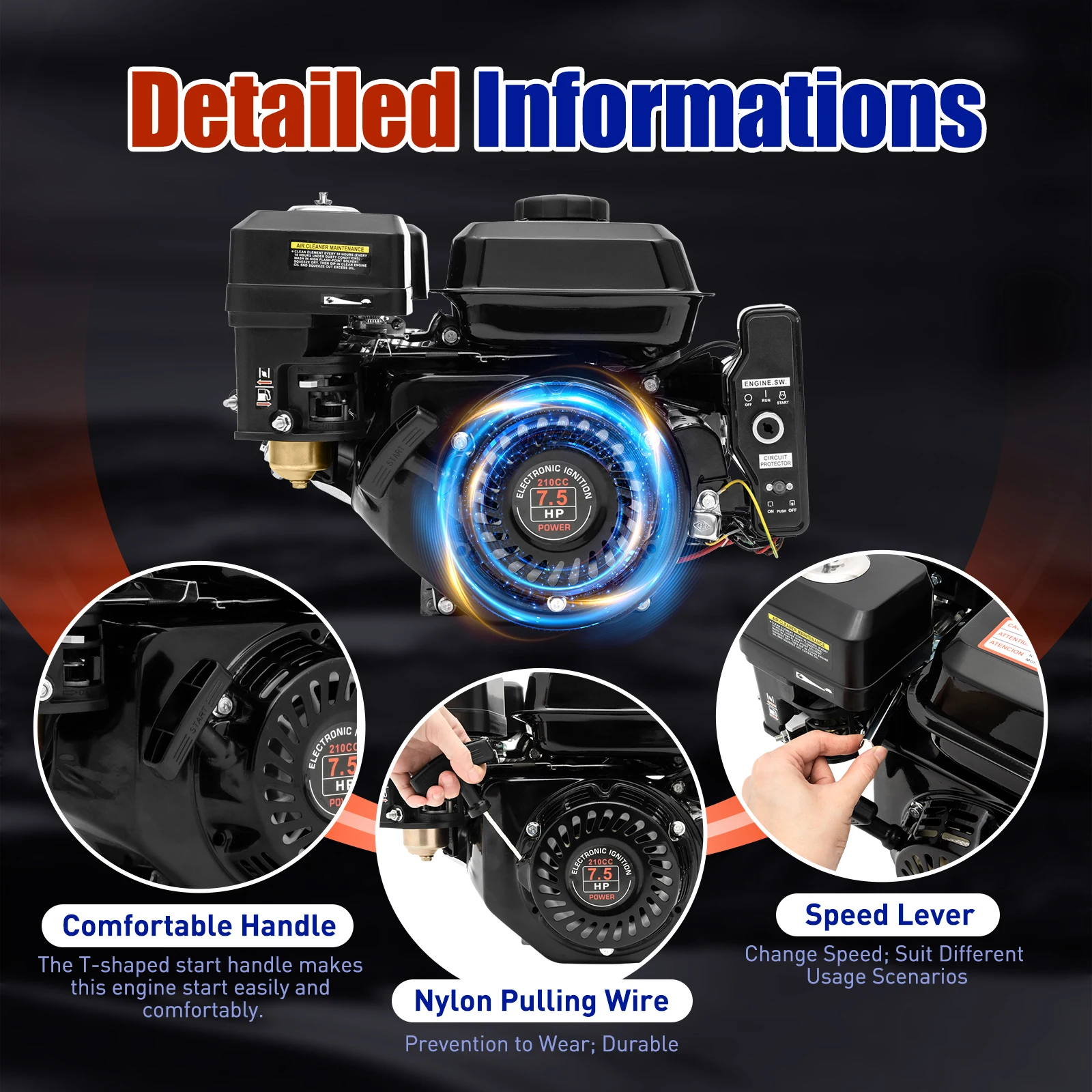 4 Strokes 212cc 7.5HP Gas Engine with Electric Start Upgrade Version For Go Kart Pressure Washers Log Splitters