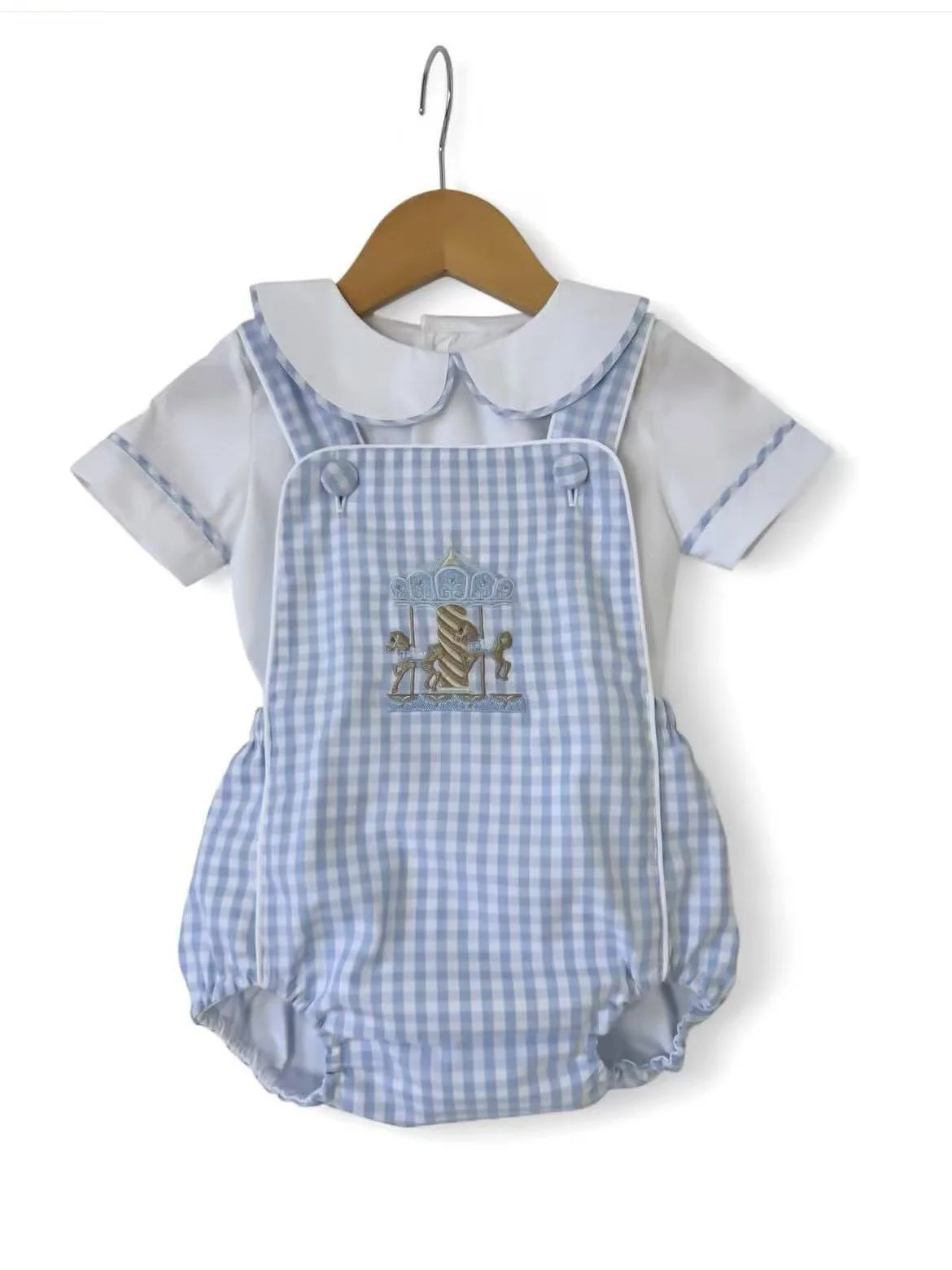 0-6Y Baby Girl Summer Embroidery Light Blue White Outfit Plaid Suit for Birthday Holiday Photography  B556