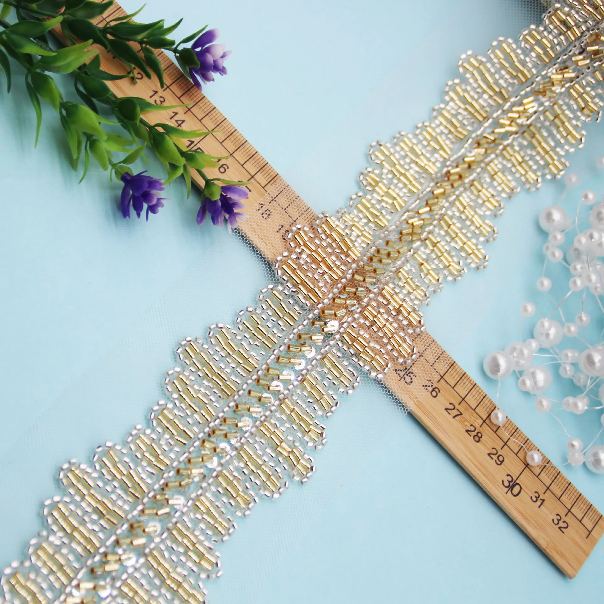 90cm Long 6cm Wide DIY Beaded Lace Glass Beads Sequin Webbing Heavy Worker Hanfu New Classical Clothing Auxiliary Materials