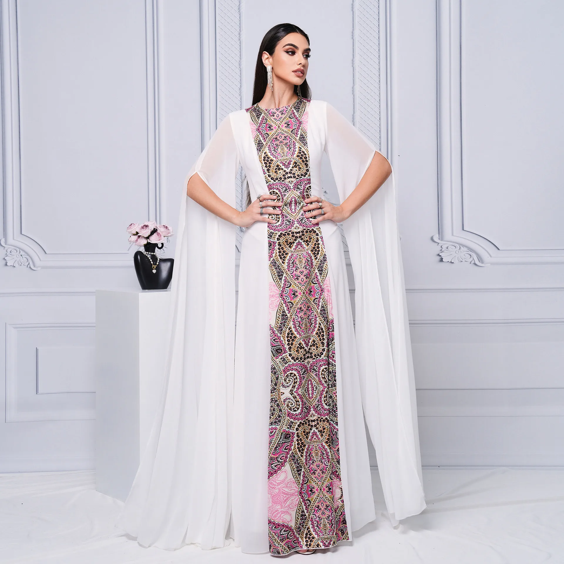 

2024 New Women's Clothing Saudi Arabia Long Sleeve Round Neck Fashionable Waist Printed Evening Gown Spliced ​​Women's Dress