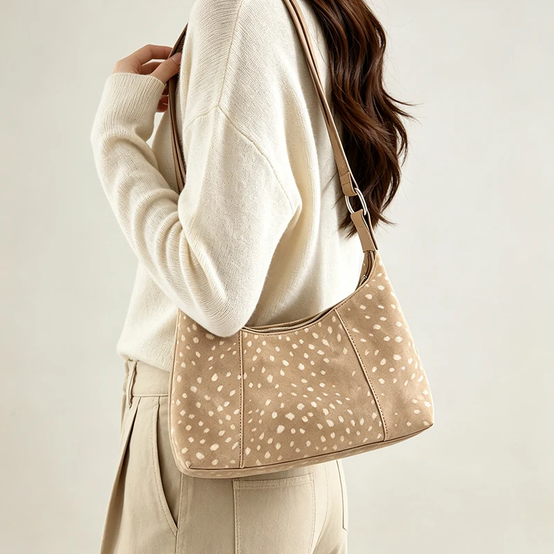 Deer Spots Schultertasche aus Kunstwildleder, Vintage-Handtasche für Damen, ideal für den Alltag im Herbst und Winter, große Kapazität, weich, lässig, mit Reißverschluss. – Detail 11