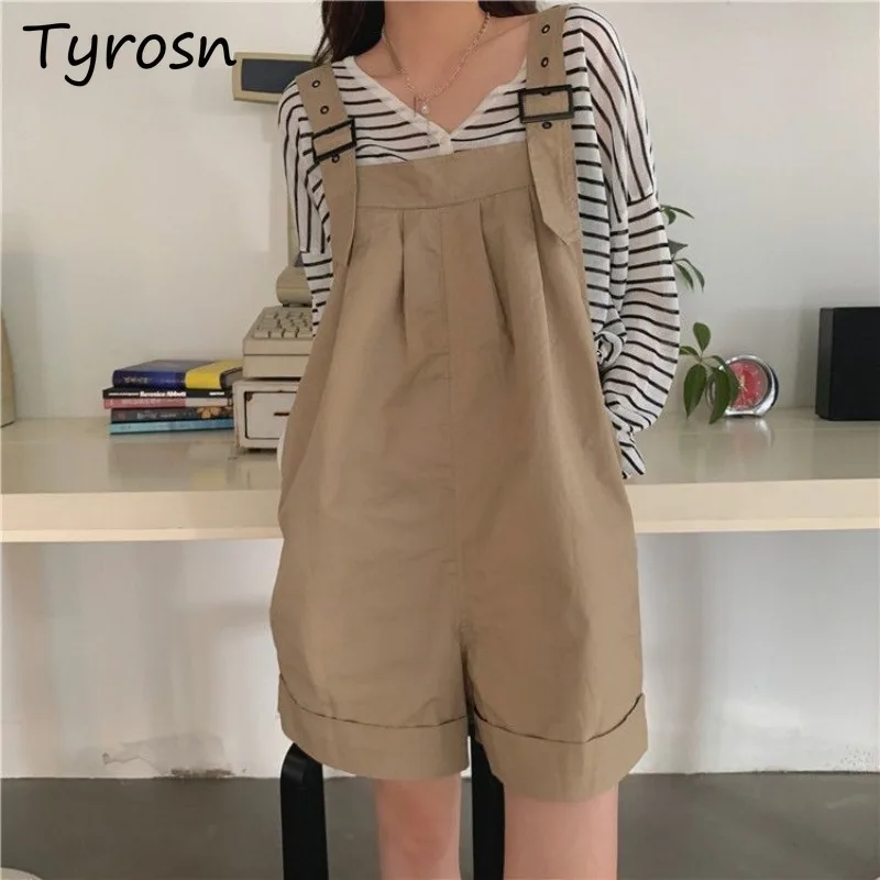 Summer Rompers Women Preppy Style Casual Students Kawaii Sweet European Fashion Playsuits Streetwear Solid Pocket High Waist