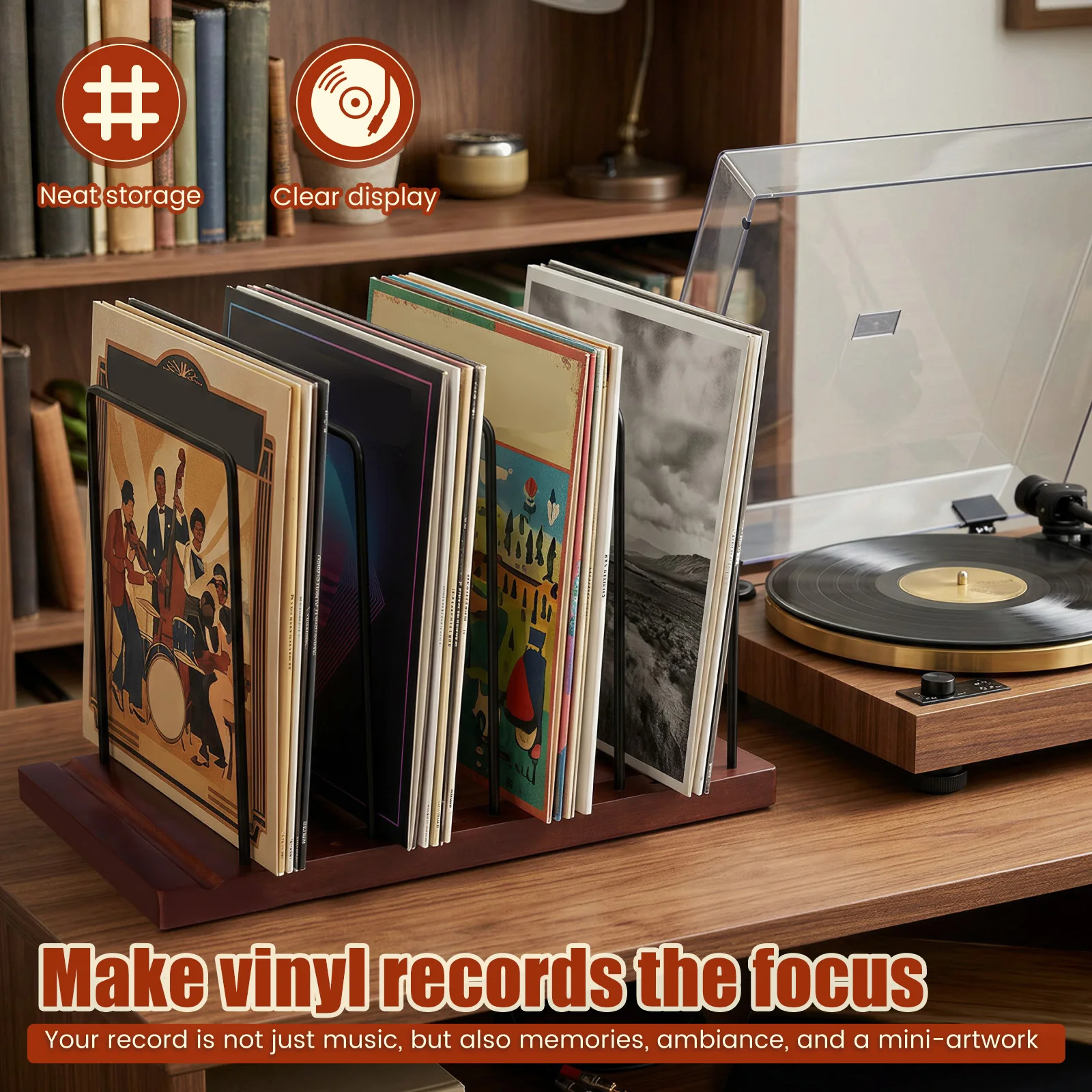 Vinyl Record Storage Holder Wood LP Storage Stand Holds 50-75 Record Ideal for Bookshelf Album Music Bookshelf Organizer