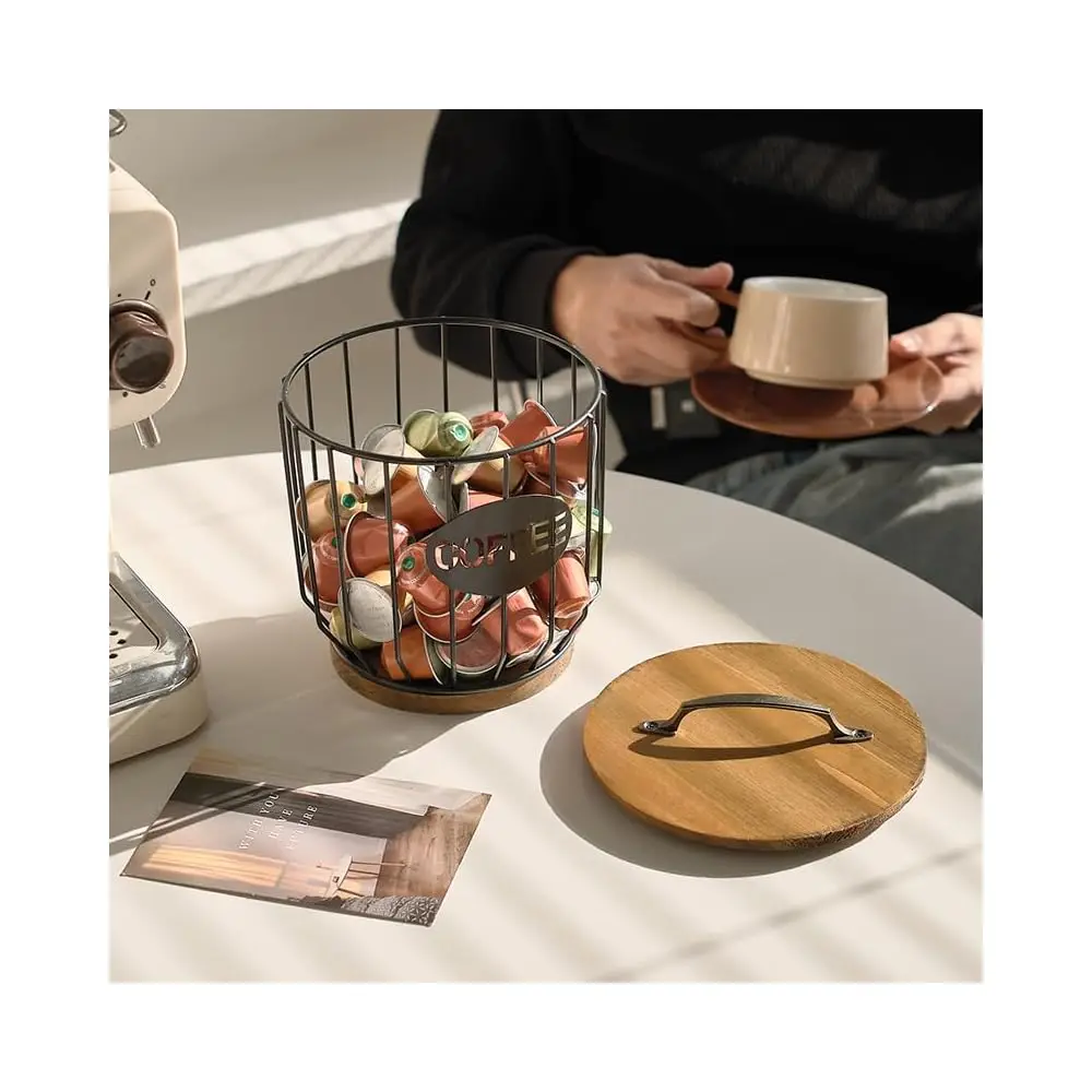 

Корзина для кофейных капсул - большая вместимость, черная, с деревянной крышкой | Подставка для кофейных капсул и эспрессо-капсул на столешницу, в деревенском стиле