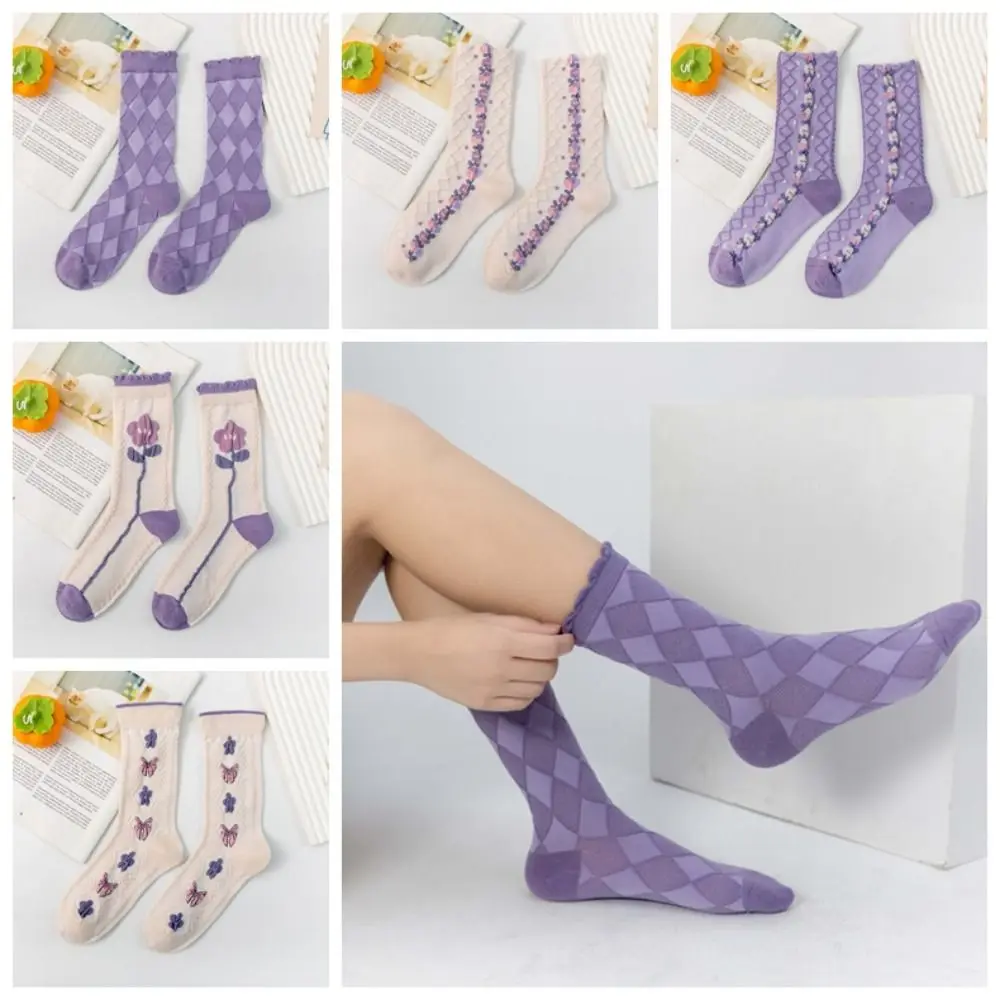 5 أزواج Ins الأرجواني سلسلة الأزهار جوارب أنبوبية زهرة Bowknot الفتيات منتصف العجل الجوارب تنفس الجوارب الحلو جورب النساء فتاة المراهقين