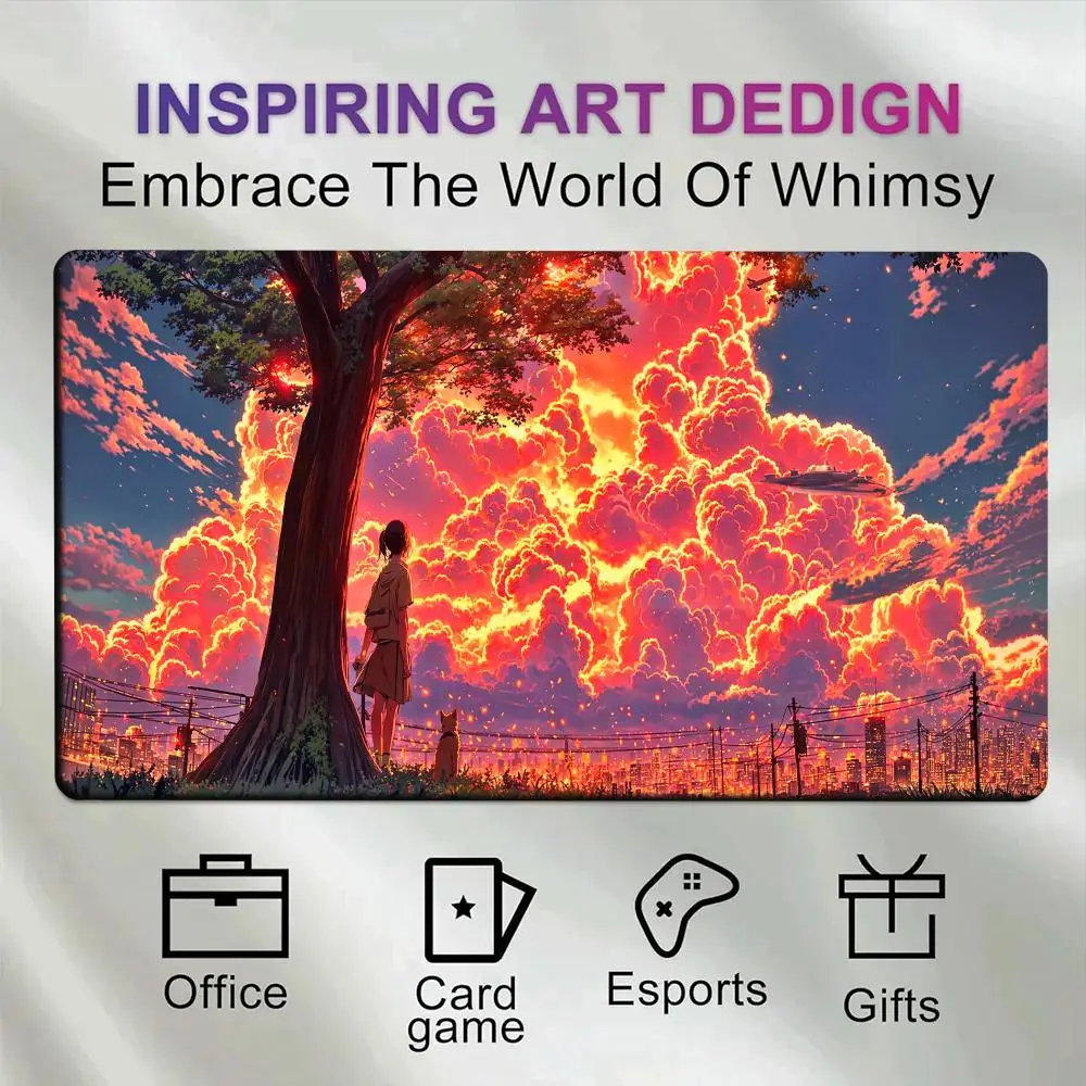 Large Fantasy Anime Sunset Cloud Gaming Mouse Pad Girl Cat Tree City View Non‑Slip Rubber pc accessories tapis de souris