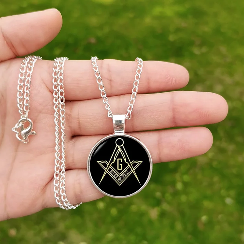 Free Mason Necklace Pendant Freemason Glass Photo Charm Retro Masonic Accessories for Men Women Jewelry Gift