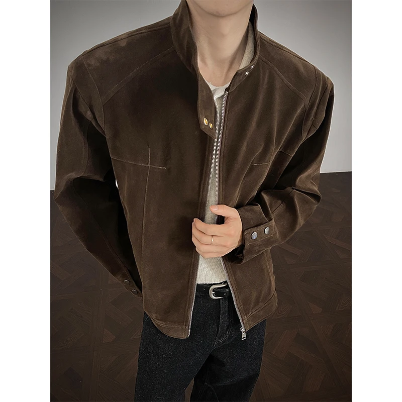 

Мужская осенняя куртка в стиле ретро: американская замшевая рабочая куртка с воротником-стойкой, молодежная повседневная модель с молнией, создающая особое ощущение.