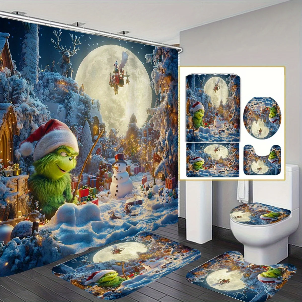 

4pcs Christmas Shower Curtain Set, Waterproof Bathroom Decor with 12 Hooks, Non-Slip Rug & U-Shape Toilet Cover for Holiday Home