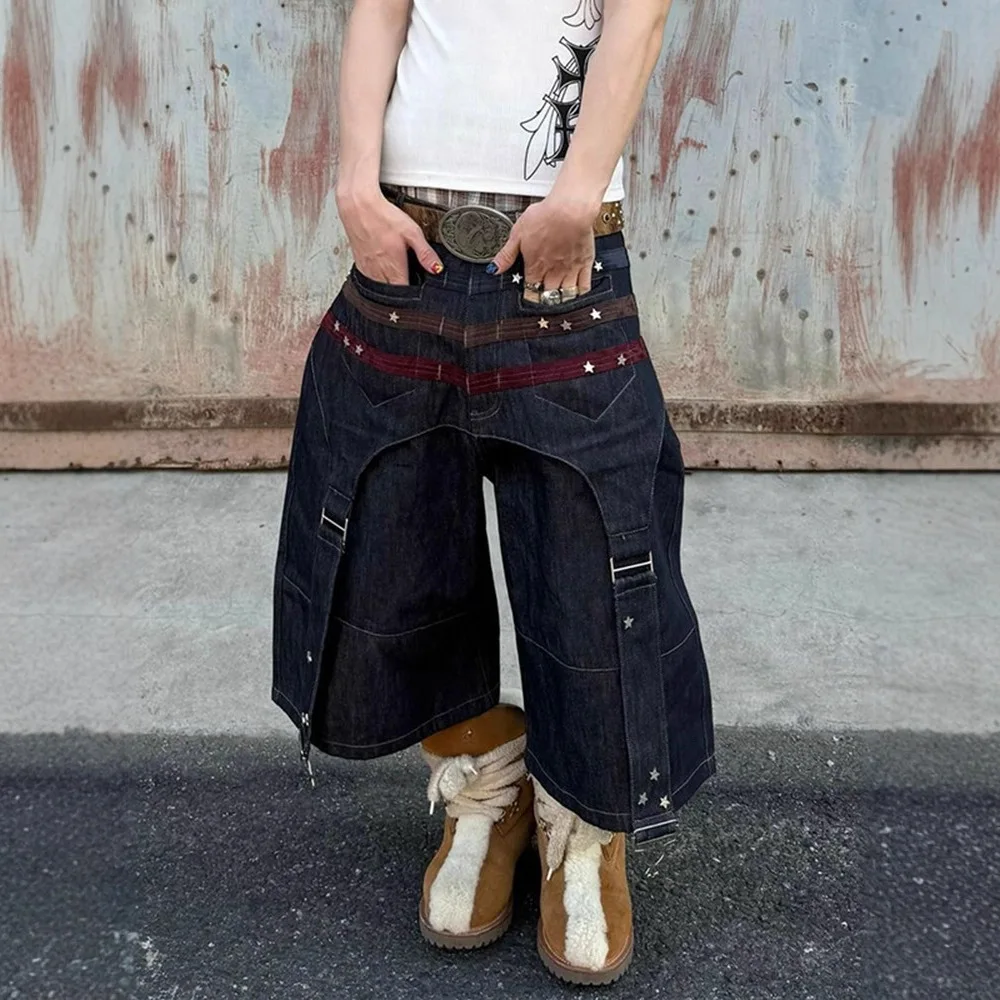 

American Retro Heavyweight Design with Star Studded Jeans and Spicy Girl Patchwork Wide Leg Cropped Cropped Mid Length Pants