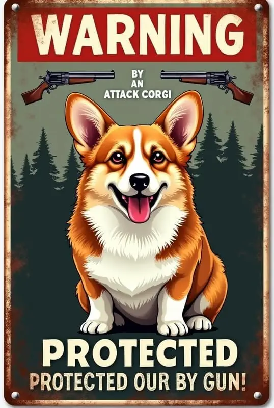 Corgi is Protected by My Gun Metal Signaluminum Tin Sign Metal Accessories Poster Gift 12X8 Inch sign