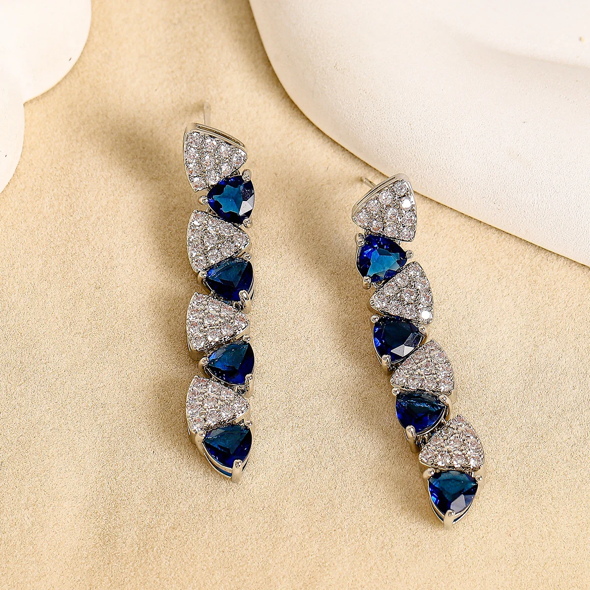 

Blue Micro Paved Zircon Triangle Tassel Earrings New Year Luxury Versatile Dangle Ear Studs for Women